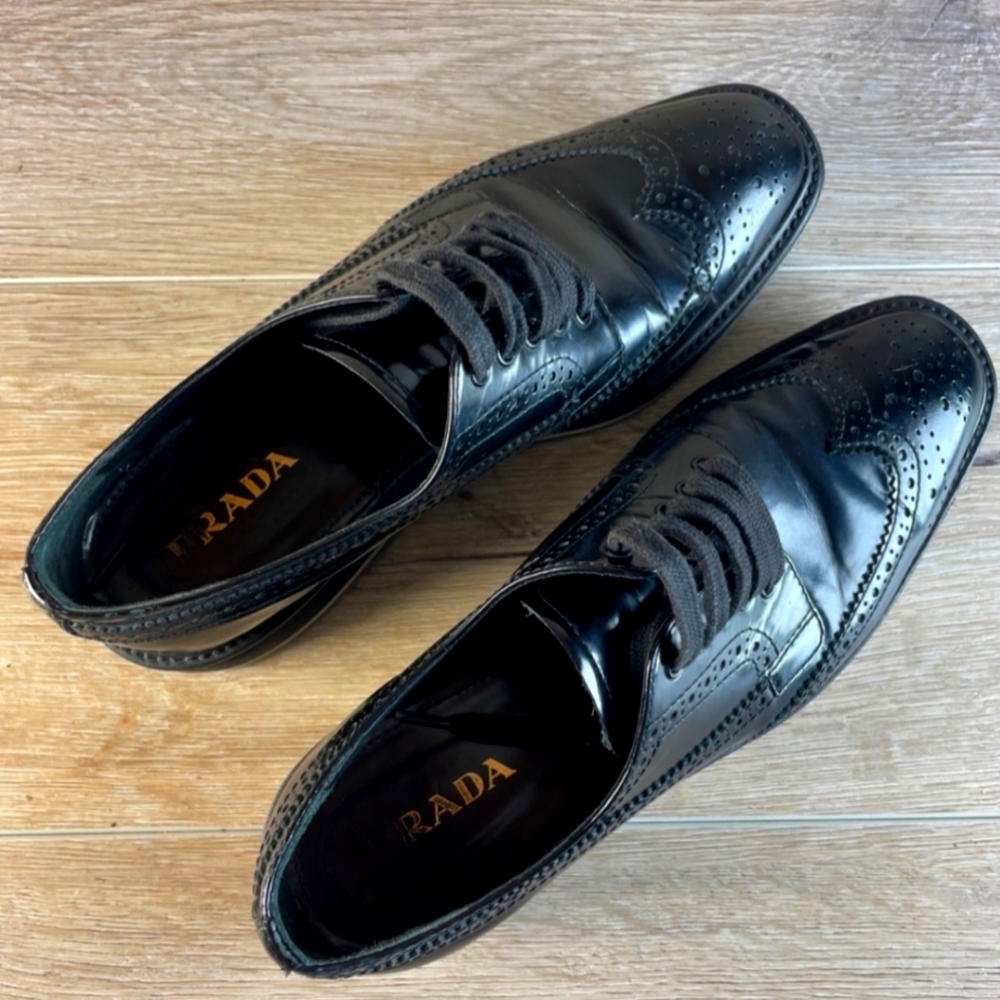 Prada Wingtip Brogue Oxford Platform Black  Patent Leather Shoes Size 38 - Picture 4 of 12
